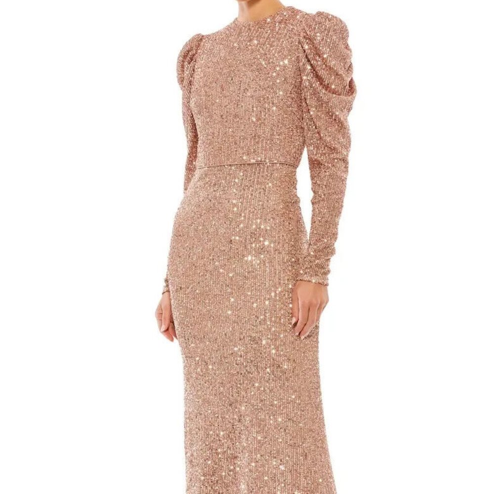 Ieena Mac Duggal Copper Sequin Juliet Sleeve Trumpet Gown